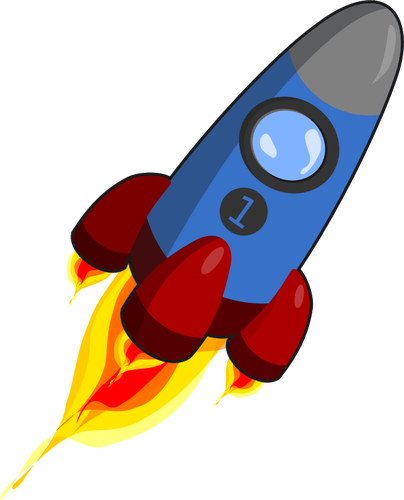 Roket biru dan merah dengan mesin dinyalakan vektor grafis