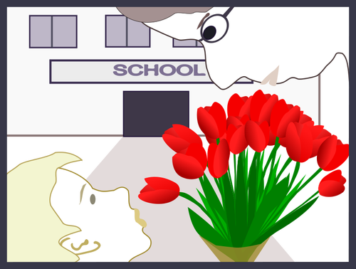 Studente dà fiori di illustrazione vettoriale insegnante