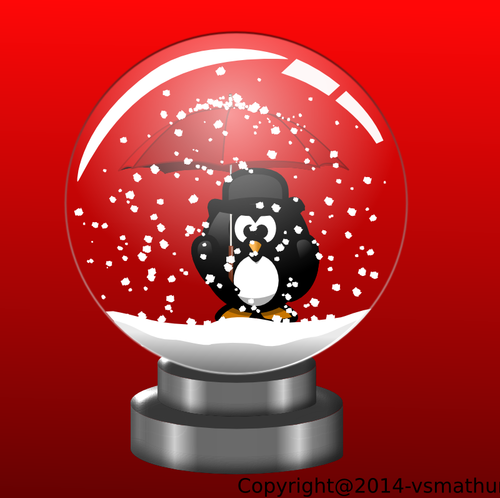 Pinguïn in sneeuw globe op rode achtergrond vector tekening