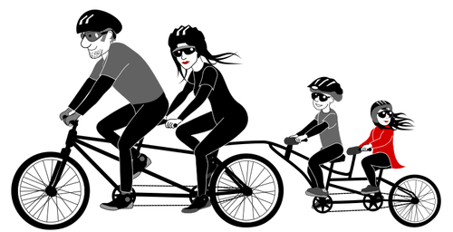 Vier personen familie rijden een tandem fiets vector tekening