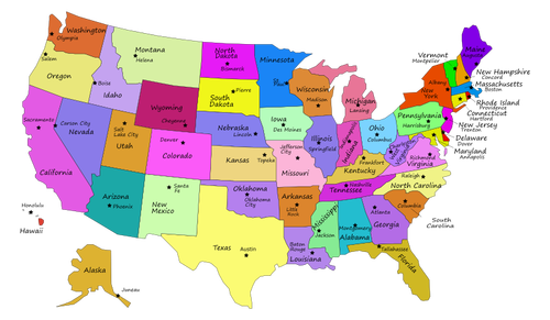 Kaart van de Verenigde Staten met hoofdsteden