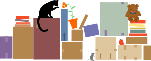 Vector illustration of cat, mouse and teddy between packed boxes