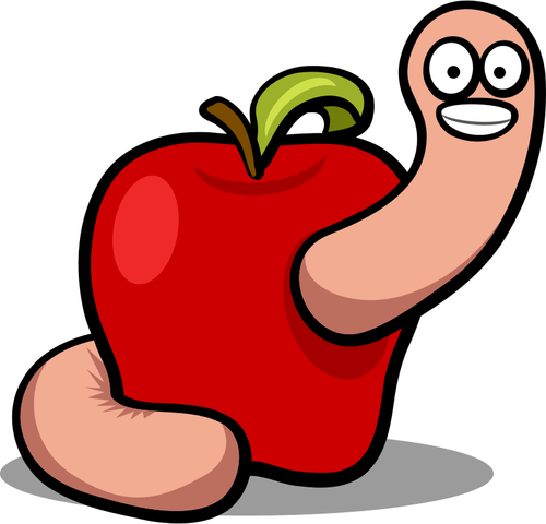 Vetor desenho do worm bonito em uma maçã