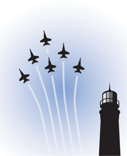 Вектор, рисунок из военных самолетов на шоу за маяк