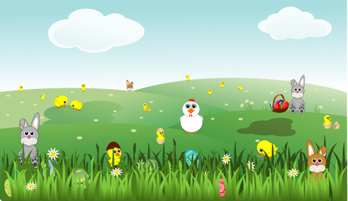 Panorama di Pasqua con coniglietti, pulcini, uova, pollo, fiori