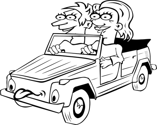Векторное изображение девочка и мальчик, на автомобиле, смешные