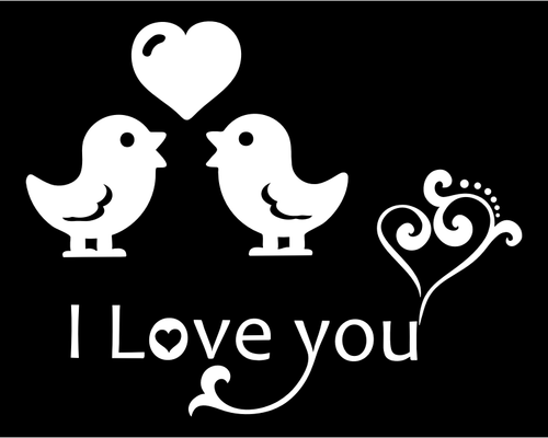 Bilde av et "Jeg elsker deg" tegn dekorert av hjertet og fugler.