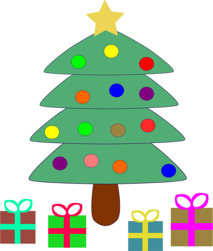 वेक्टर क्लिप आर्ट कार्टून के क्रिसमस पेड़ के नीचे प्रस्तुत करता है