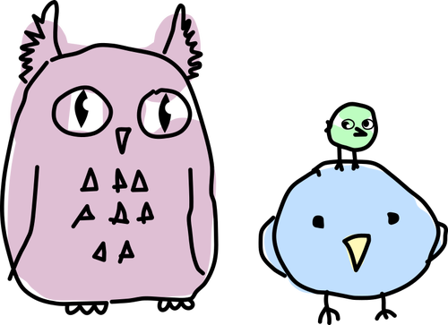 Pöllö ja kaksi lintua sarjakuva piirustus