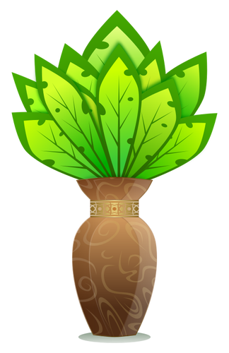 Vektorgrafik med brun vas med stora gröna blad