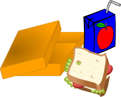 Gambar vektor kotak makan jeruk dengan sandwich dan jus