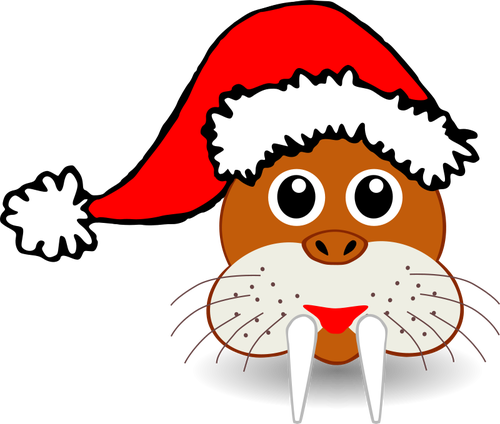 WALRUS wajah dengan Santa Claus topi vektor
