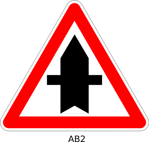 在与优先交通警告标志矢量图形的路上接近十字路口