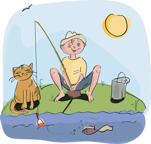 Boy and cat fishing vector drawing