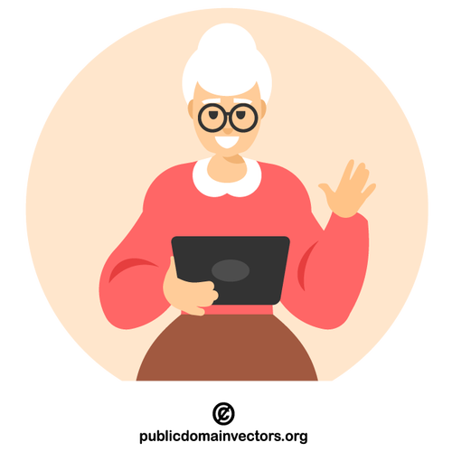 امرأة مسنة تستخدم جهاز كمبيوتر لوحي