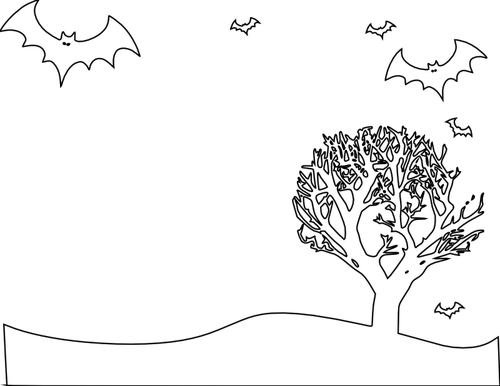 蝙蝠与树的风景轮廓矢量图