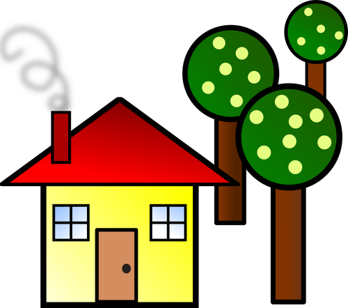 ציור פשוט של בית עם מתאר לבן עבה וגג אדום