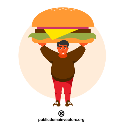 Uomo che trasporta un grande hamburger