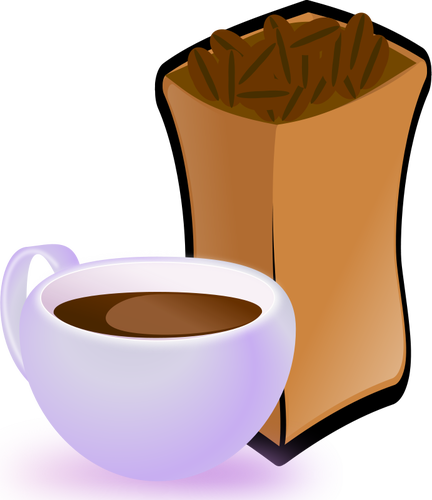 Gambar vektor ungu secangkir kopi dengan karung biji kopi