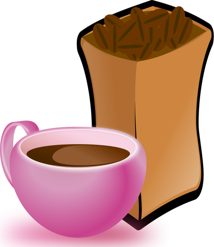 Векторное изображение розовые чашки кофе с мешок кофейных зерен