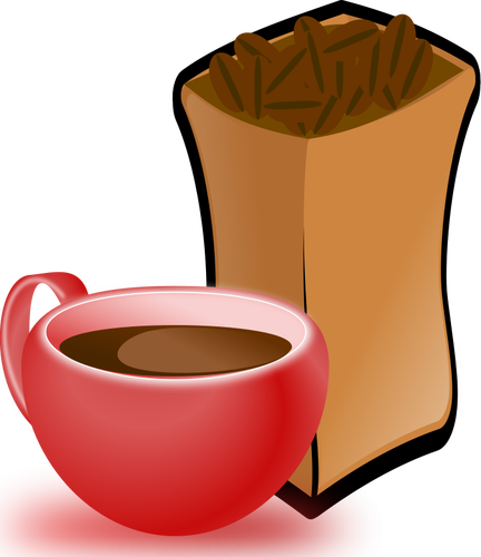 בתמונה וקטורית של אדום כוס קפה עם שק של פולי קפה
