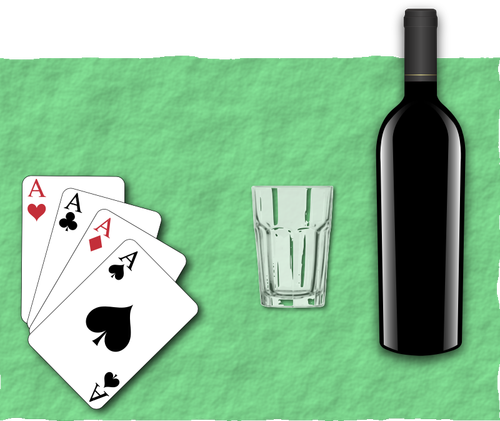 Vettoriale illustrazione di quattro carte da gioco, un vetro e bottiglia di vino