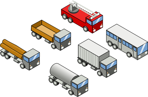בתמונה וקטורית של ארבע משאיות, אוטובוס, משאית כבאי