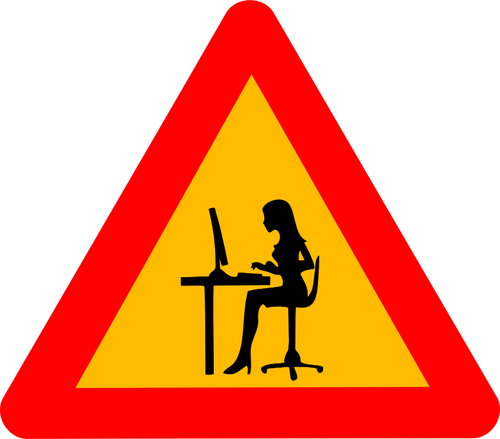 Gráficos vetoriais de mulher em sinal de estrada de aviso de computador