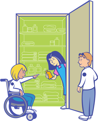 Disabled kid in front of food cupboard vector drawing
