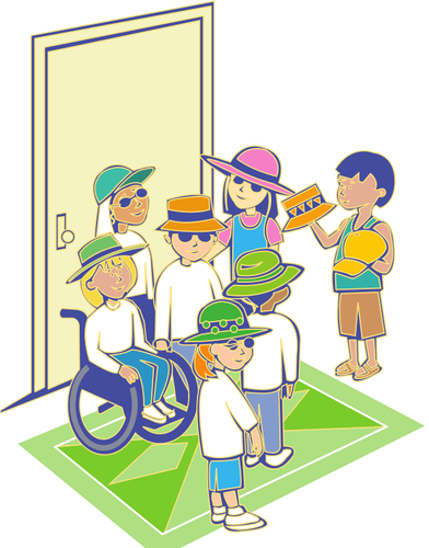 مجموعة من الأطفال مع القبعات أمام الباب ناقلات التوضيح