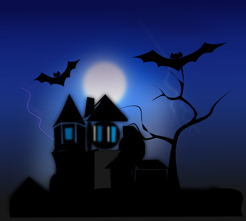 幽灵般的房子与周围飞来飞去的蝙蝠矢量剪贴画