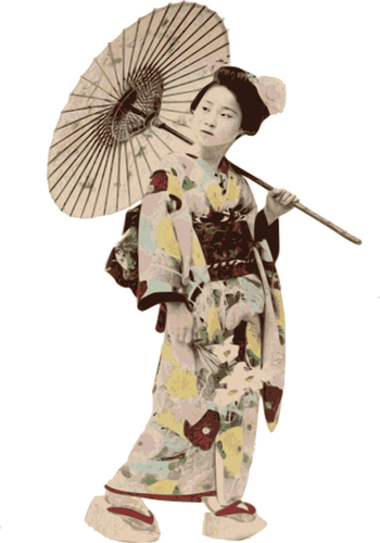 Mujer en kimono bajo sol paraguas vector de la imagen