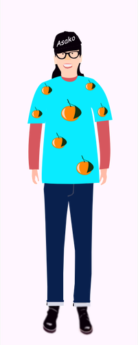 Vector graphics of trendy girl in light blue t- shirt with orange pattern