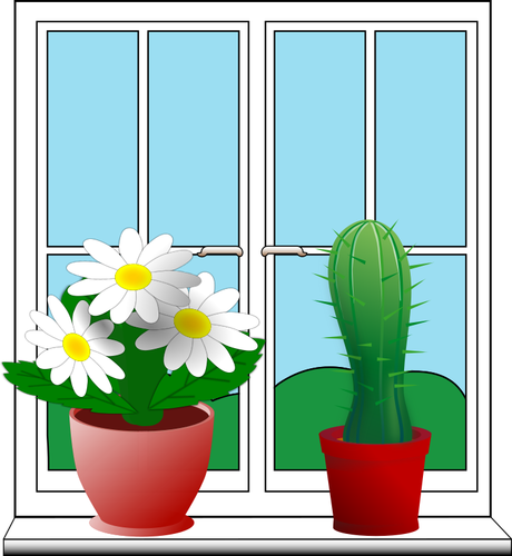 Clip art di finestra con due piante in vaso