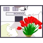Uczeń daje kwiaty ilustracji wektorowych nauczyciel