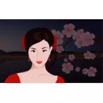 Asiatisk kvinne med blomster i bakgrunnen vektorgrafikk utklipp