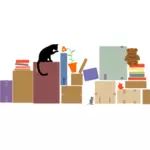 Illustrazione di vettore del gatto, topo e orsacchiotto tra scatole imballate