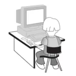 O garoto no ilustração em vetor mesa computador