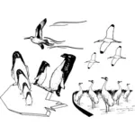 Vector drawing of scene of many birds flying in black and white