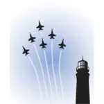 矢量绘图的军用飞机展出在灯塔