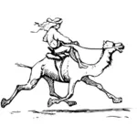 Vektoripiirros miehestä ratsastamassa kamelilla mustavalkoisena