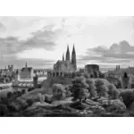 Ilustrasi panorama kota abad pertengahan dalam warna abu-abu