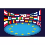 Afbeeldingen van vlaggen van EU-lidstaten rond heldere sterren