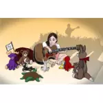 הילדה משחקת גיטרה לבעלי חיים