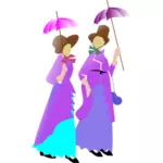 Ilustração de duas senhoras andando de vestido roxo