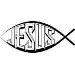 Tekening van woord Jezus geschreven in de vorm van vis