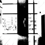 Clipart vectoriel d'un immeuble moderne à l'intérieur de la vue en noir et blanc