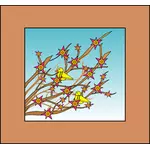 Keltaiset linnut puun oksilla kukkien kuvalla