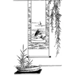 Asian plant and wall art black and white illustration