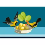 Ilustración de vector de dos pequeños pájaros comiendo de un plato